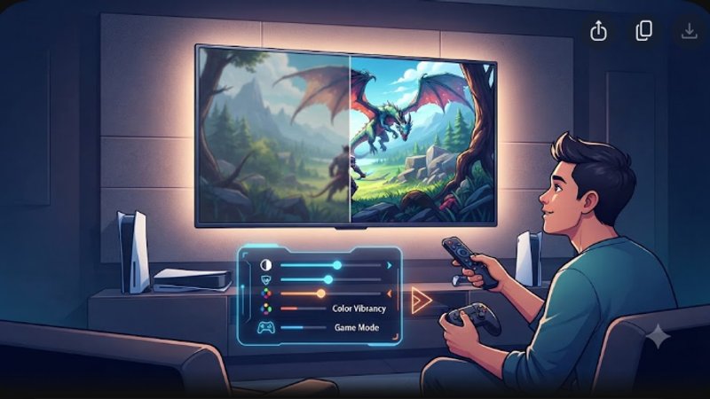 Современная иллюстрация телевизора с игровым интерфейсом для статьи о настройке изображения в 2026 году