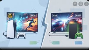 Современная иллюстрация бюджетных телевизоров с геймпадами PlayStation и Xbox для выбора недорогого ТВ